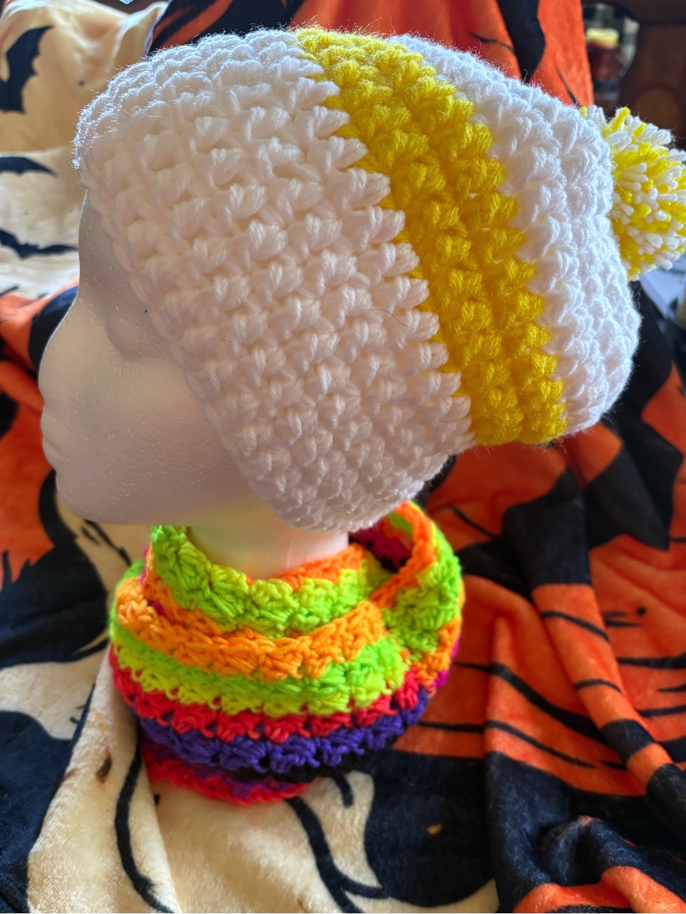 Hand Crafted White & Yellow Pom Pom Crochet Beanie